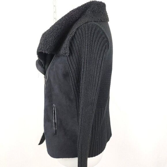 Style and Co Black Zip Front Moto Cardigan Sweater Jacket Faux Sherpa Womens PM - Picture 4 of 7